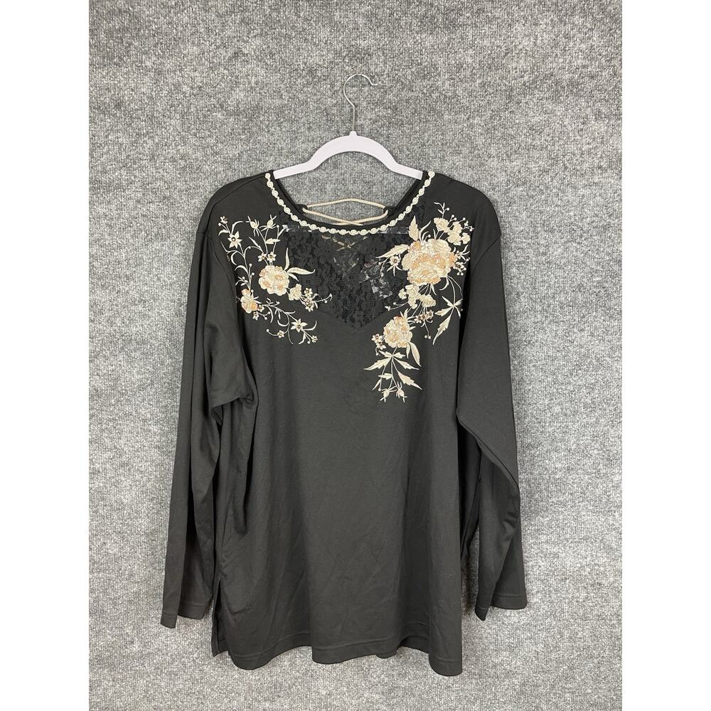 Vintage Lacy After Noon Top 2X Black Lace Embroidered Flowers Gold Pull-over - Picture 2 of 11
